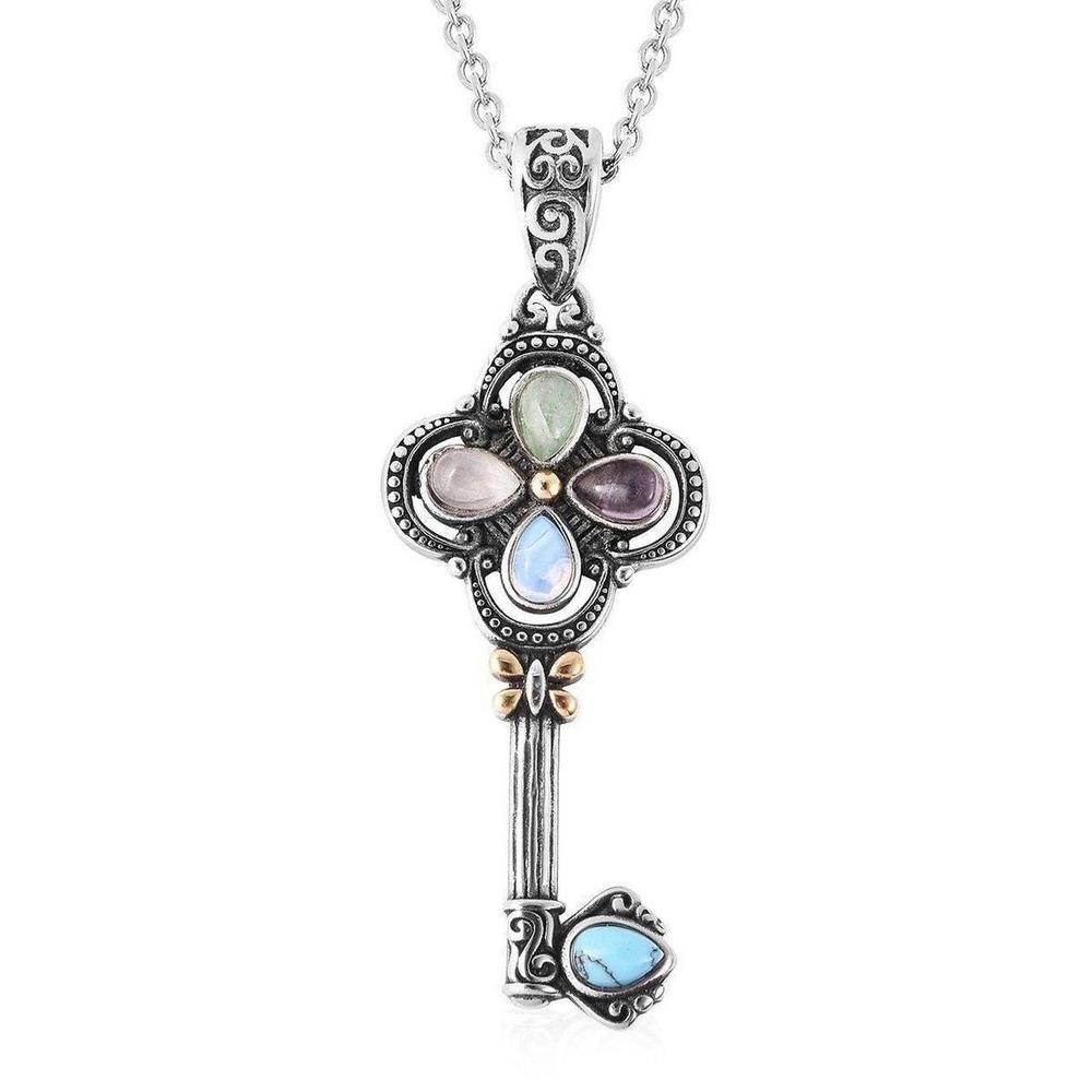 Key pendant multi gemstone cabochons stainless steel includes chain